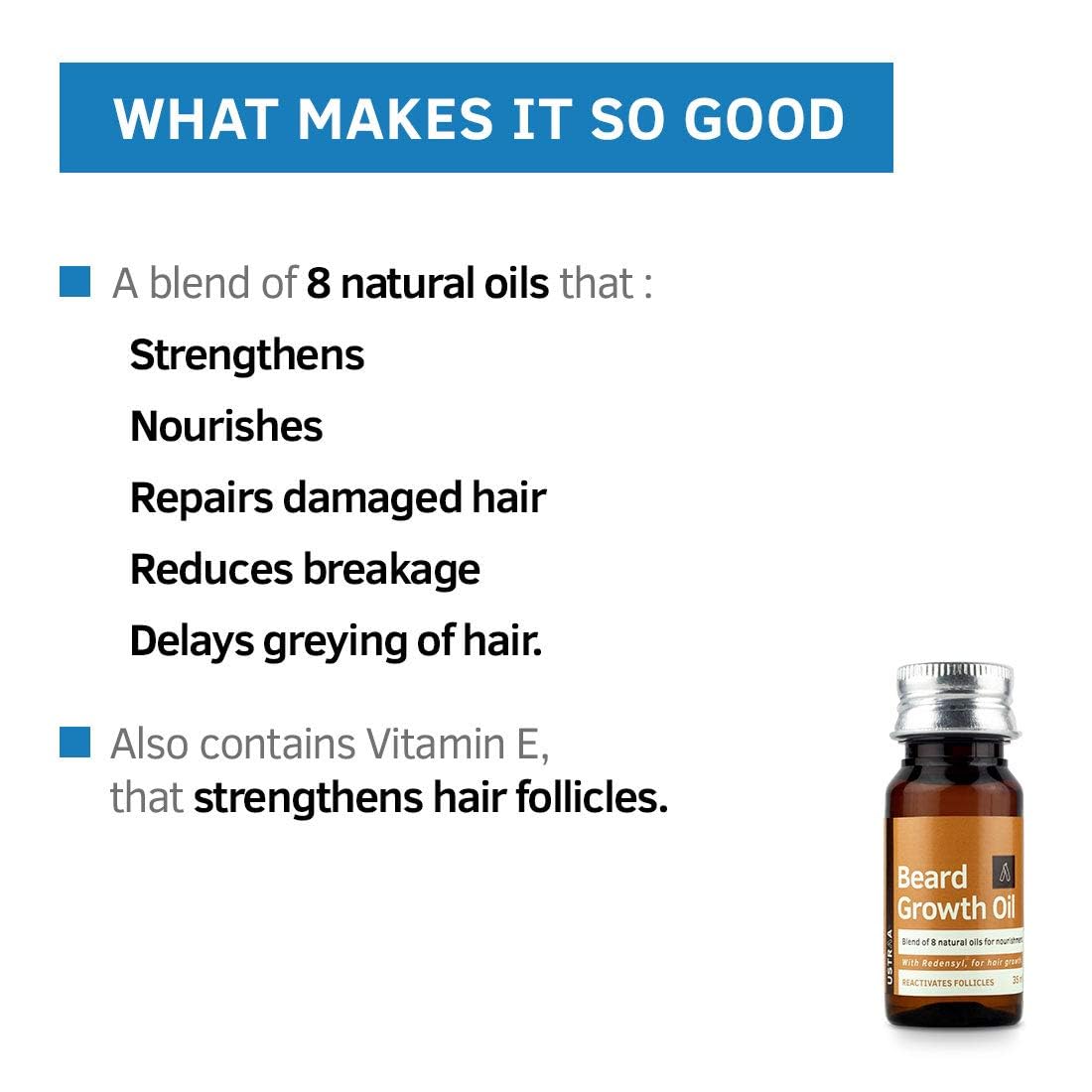 Ustraa Beard Growth Oil - 35ml - More Beard Growth, With Redensyl, 8 Natural Oils including Jojoba Oil, Vitamin E, Nourishment & Strengthening, No Harmful Chemicals