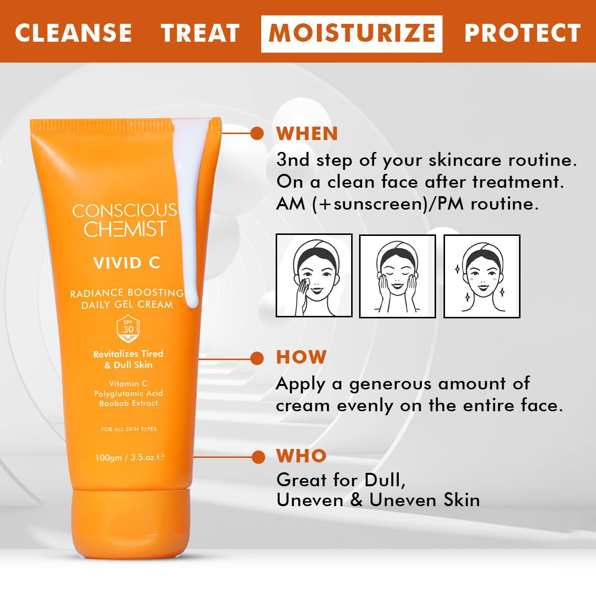 Conscious Chemist® Vitamin C Cream with SPF30 PA+++ | 100g | Vitamin C Brightening Moisturizer, Face Cream for Men & Women, Daily Gel with Polyglutamic Acid for Healthy & Bright Skin, All Skin Types - Vivid C