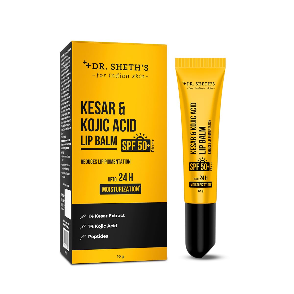 Dr Sheth's Kesar & Kojic Acid Lip Balm | Reduces Lip Pigmentation | SPF 50+ PA+++| 24H Moisturization|Non Sticky | Lightweight | For Dark, Dry, Flaky Lips | Natural Oils & Butters | All Genders | 10g