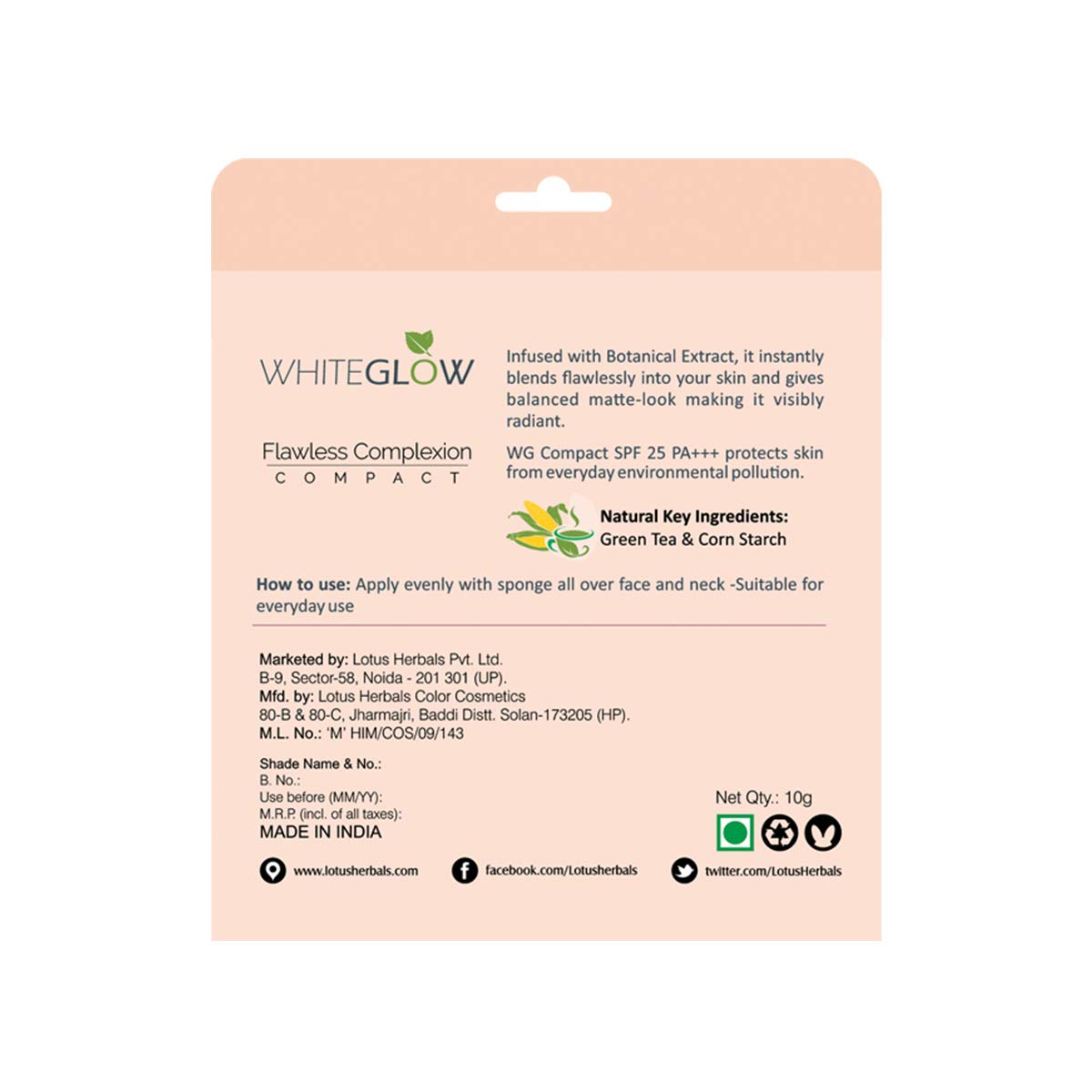Lotus Herbals Makeup Whiteglow Flawless Complexion Matte Compact For All Skin Types, 10 Gram (Pack Of 1)