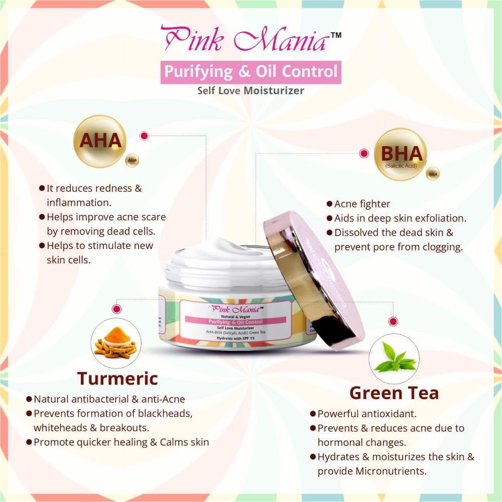 Passion Indulge Pinkmania AHA-BHA Cleanser with 1% Salicylic Acid & Moisturizer For Face | Purifying & Oil Controlling with Turmeric & Green Tea