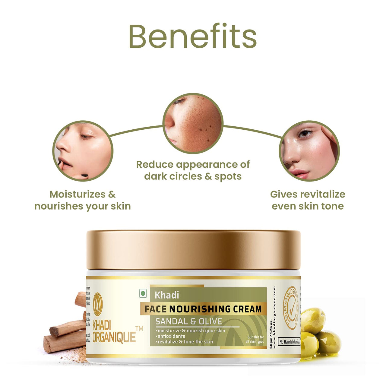 Khadi Organique Sandalwood & Olive Natural Face Moisturizing Nourishing Cream | Reduce Wrinkles & Fine Lines | Suitable for Men & Women of all Skin Types - 50gm