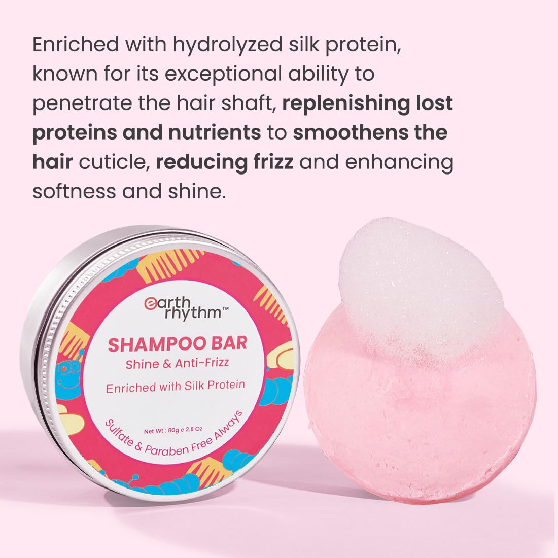 Earth Rhythm Silk Protein Shampoo Bars for Soft & Silky Hair, Sulphate & Paraben Free, Plastic Free (Tin Packaging) 80g