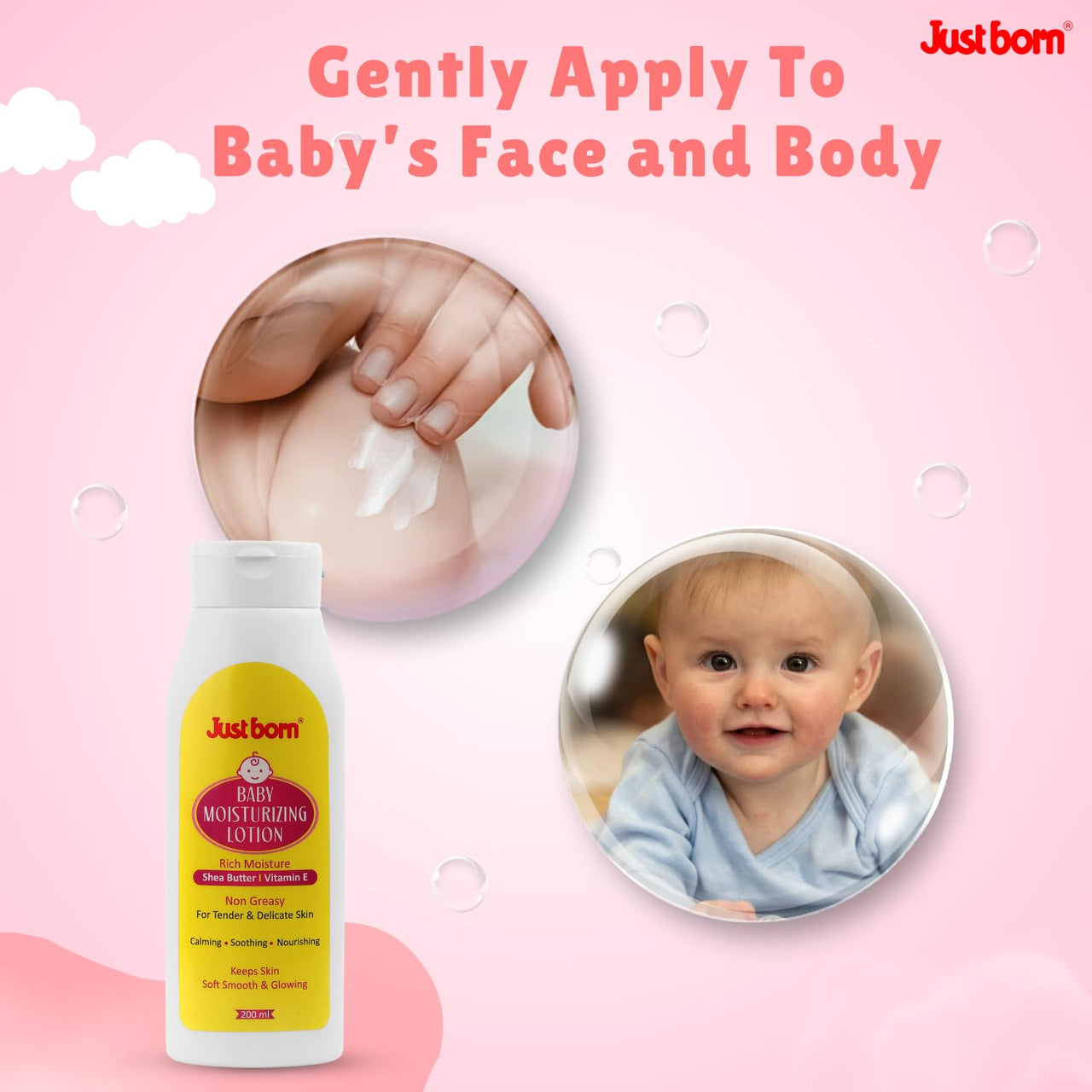 Just Born Baby Moisturizing Face & Body Lotion 200 ml | Enriched With Shea Butter, Aloe Vera & Vitamin E | For Soft, Smooth & Moisturized Skin | Gentle Baby Cream For Newborn Babies & Kids