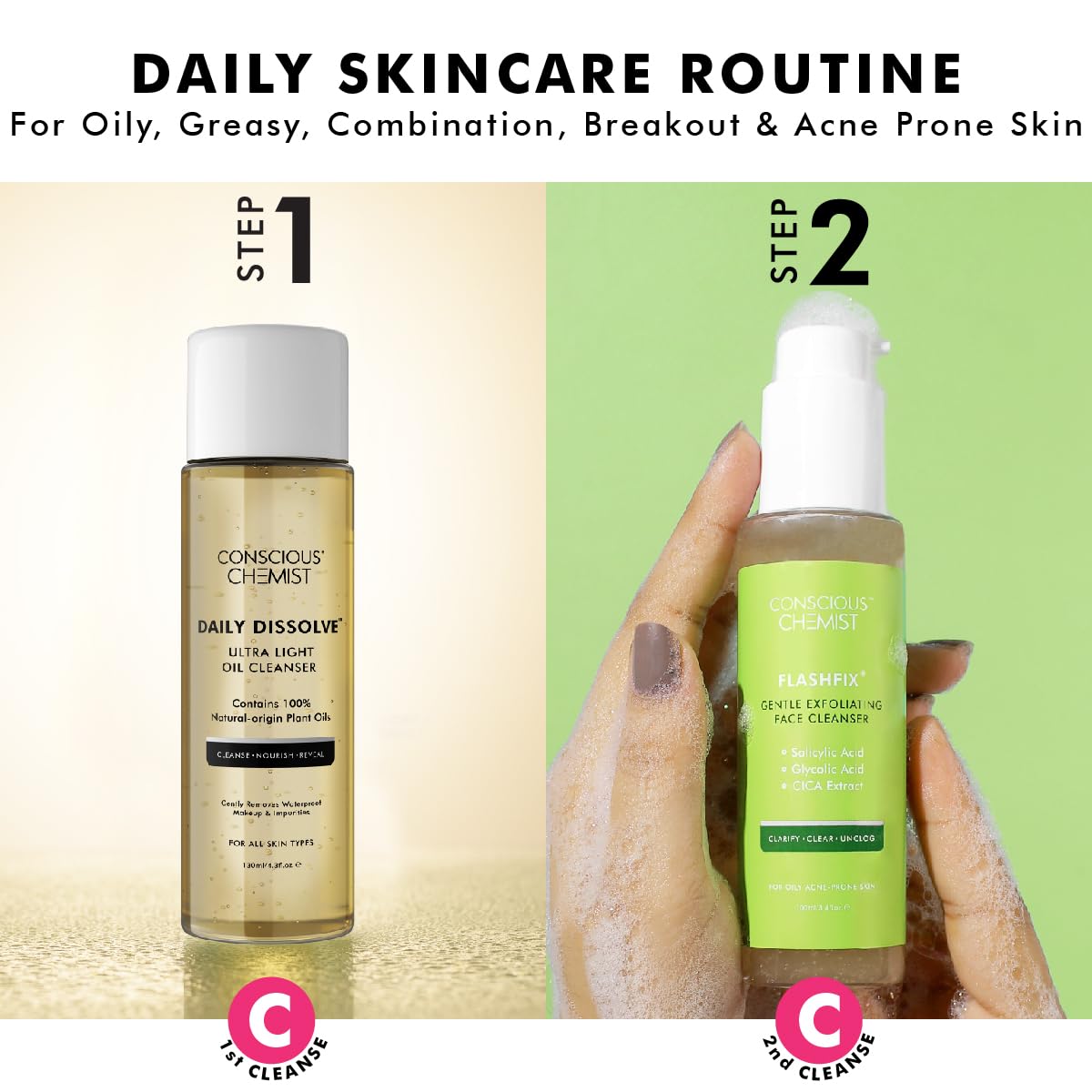 Conscious Chemist Deep Pore Cleansing Kit | 230ml | Oil Cleanser for Face, Salicylic Acid Face Wash, Face Wash for Women & Men with Oily and Acne Prone Skin for Glowing & Radiant Skin (Pack of 2)