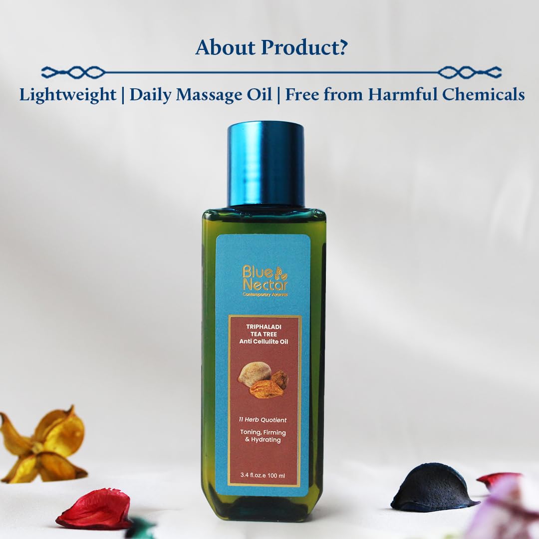 Blue Nectar Anti Cellulite Body Massage Oil with Triphala & Tea Tree Essential Oil | Plant Based Body Oil for Women & Men for Skin Hydration (11 Herbs,100ml)