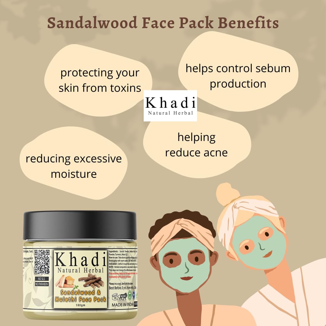 Khadi Natural Herbal Sandalwood Face Pack For Skin Brightening 180gm Pack | Enriched With 100% Natural Pure Sandalwood Powder & Mulethi For Skin Glowing | Reduce Acne & Control Excess Oil Suitable For All Skin Types | Sls & Parben Free Face Pack