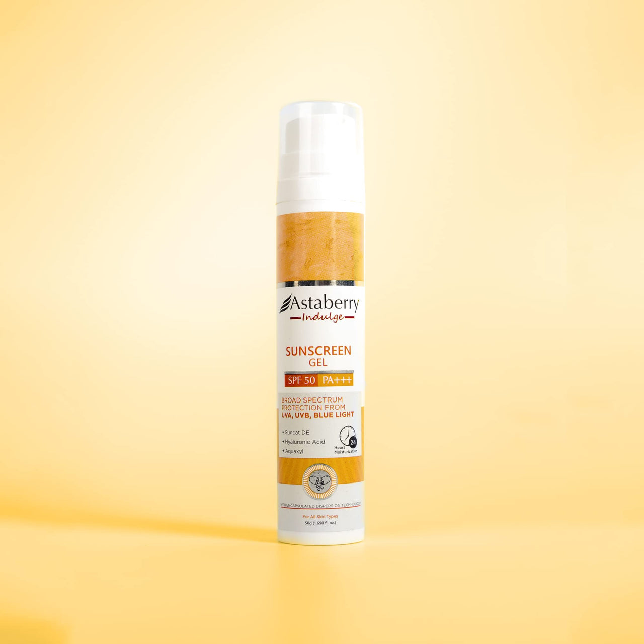 ASTABERRY Indulge Sunscreen Gel Suitable for All Skin Types SPF 50 PA+++ |Broad Spectrum Protection From UVA/B & Blue Light| Suncat DE & No White Cast | Light Weight & Non Greasy- 50G