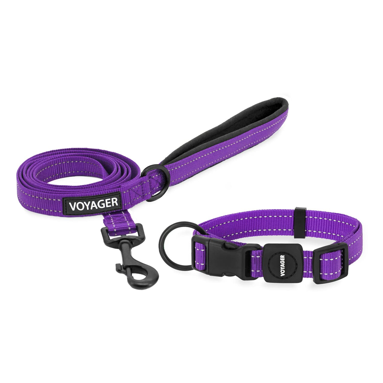 Voyager Reflective Dog Leash Collar Set with Neoprene Handle Supports Small, Medium, and Large Breed Puppies, Cute and Heavy Duty for Walking, Running, and Training - Purple, M Leash Collar Set (Purple) Leash Collar Set (3/4")
