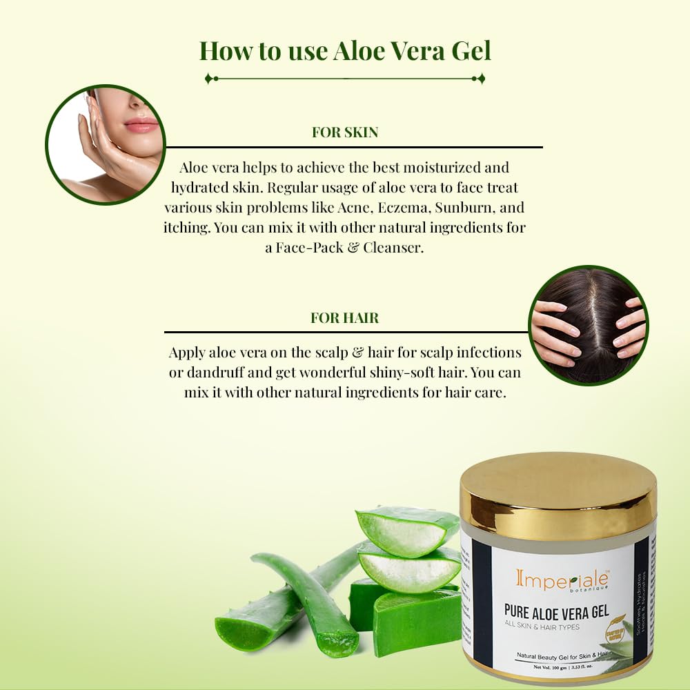Imperiale Botanique Aloe Vera Gel for Skin & Hair Growth | Hydrating Soothing & Moisturizing with Pure & Natural Aloe Vera | Multipurpose Beauty Gel for Face & Dark Circles | All Skin & Hair Type | 100 GM