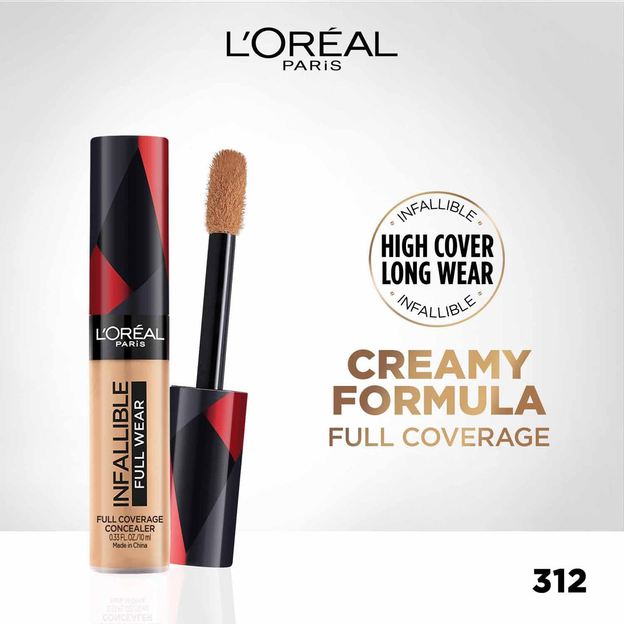 L'Oréal Paris Full Coverage Concealer, Waterproof Formula, For Undereye Circles and Blemishes, For Highlighting and Contouring, Infallible, Shade: 312, 10g