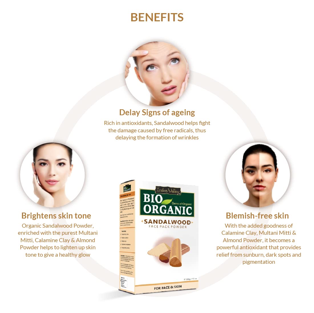 INDUS VALLEY Organic Sandalwood Face Pack - Set of 3 (200gx3=600g)