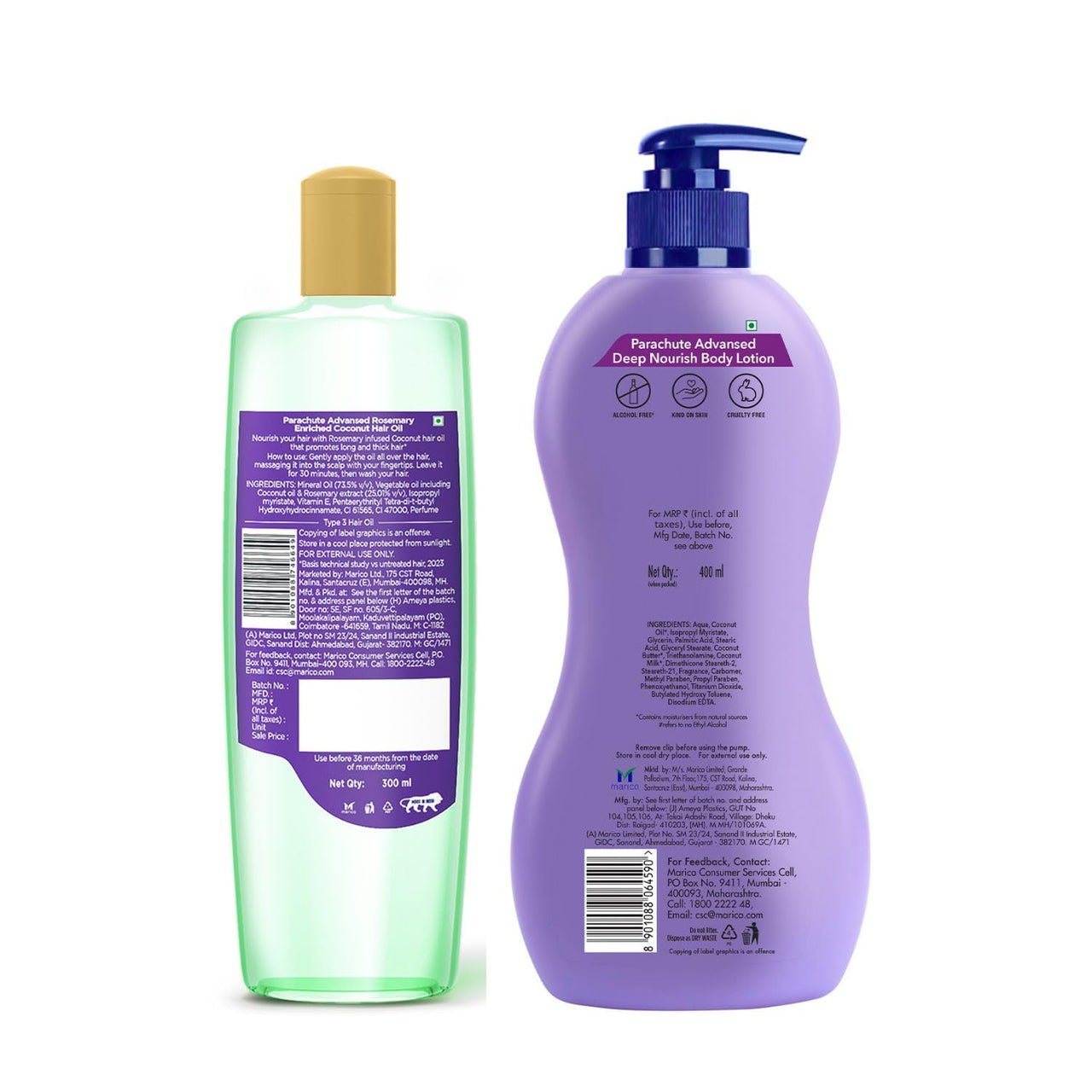 Parachute Advansed Rosemary enriched Coconut Hair Oil 300ml & Parachute Advansed Deep Nourish Body Lotion 400ml, Pack of 2