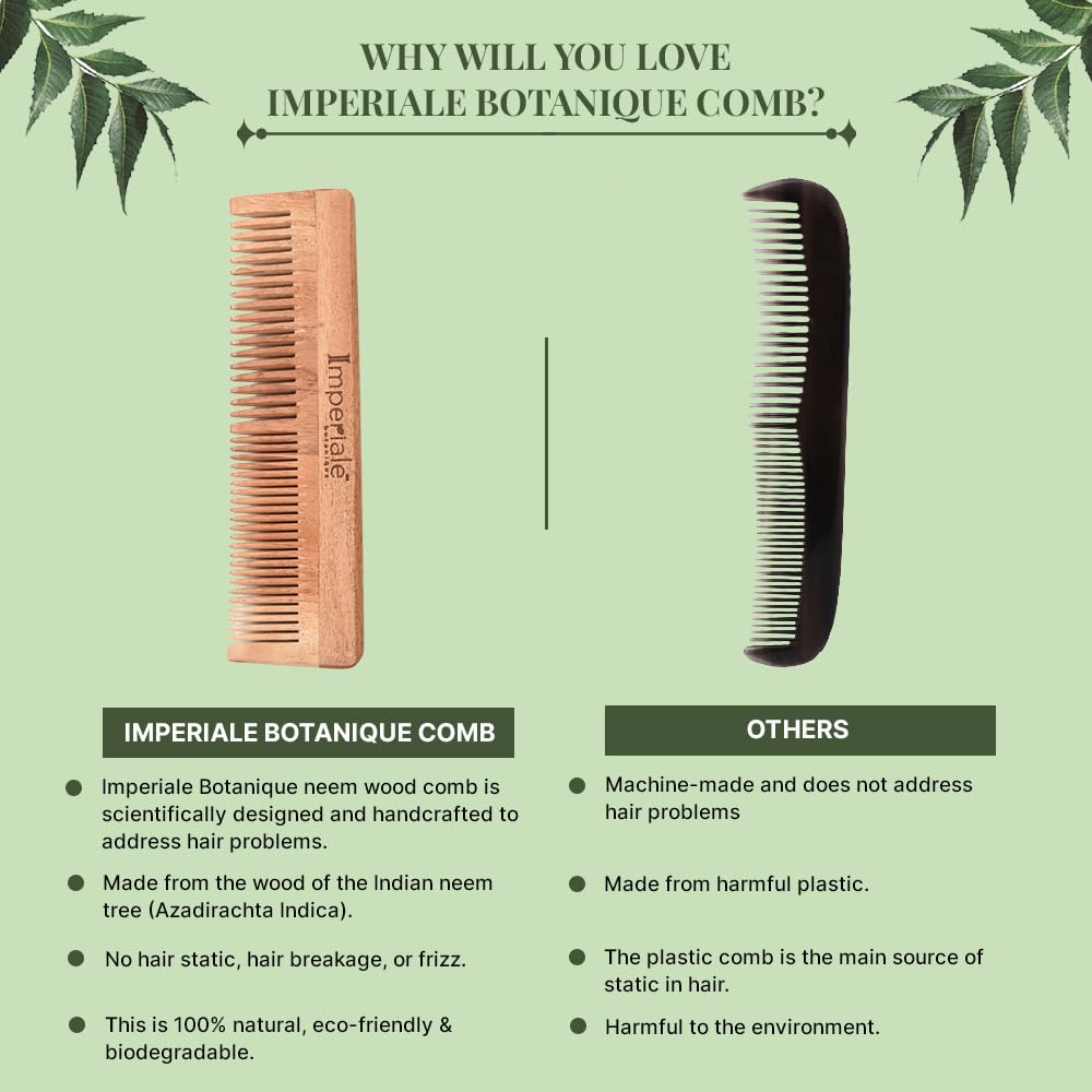 Imperiale Botanique Handmade Neem Wooden Double Teeth Hair Comb for Women & Men | Comb for Hair Growth Hairfall & Dandruff and Frizz Control | All Hair Types Pack of 1