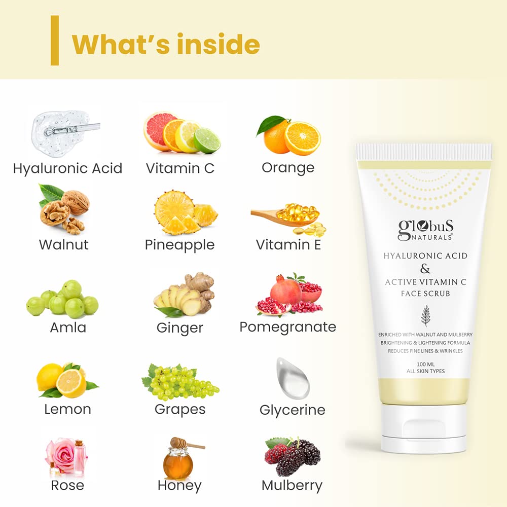 Globus Naturals Hyaluronic Acid & Vitamin C Anti Ageing Face Scrub, Enriched with Rose & Glycerine, Skin Lightening & Brightening Formula, 100 gm