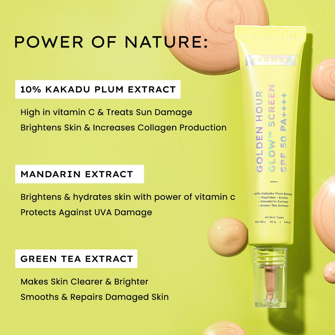 Hyphen Golden Hour Glow Sunscreen Spf 50 Pa++++ Dewy Glow & Bright Skin| Vitamin C Rich-10% Kakadu Plum & Peptides| Women Men|Lightweight & Non Greasy, Uv & Blue Light Protection|All Skin Types - 40G