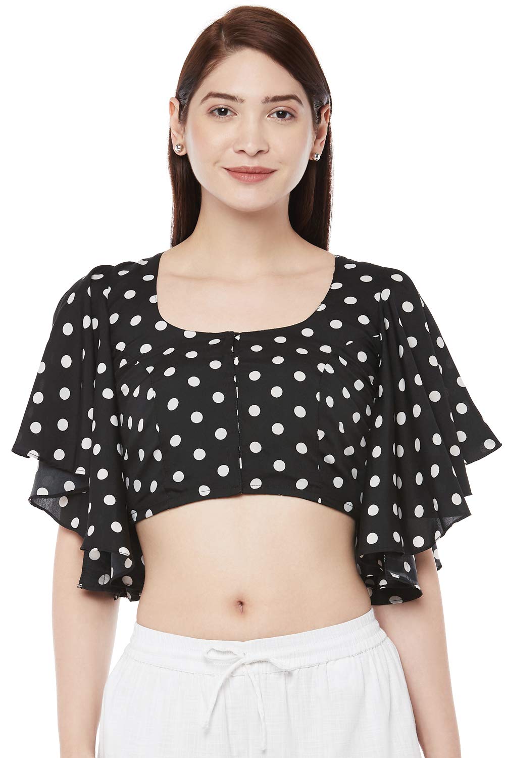 X3 Women's  Black & White Polka Dot Polyester Saree Blouse with Cape Sleeves