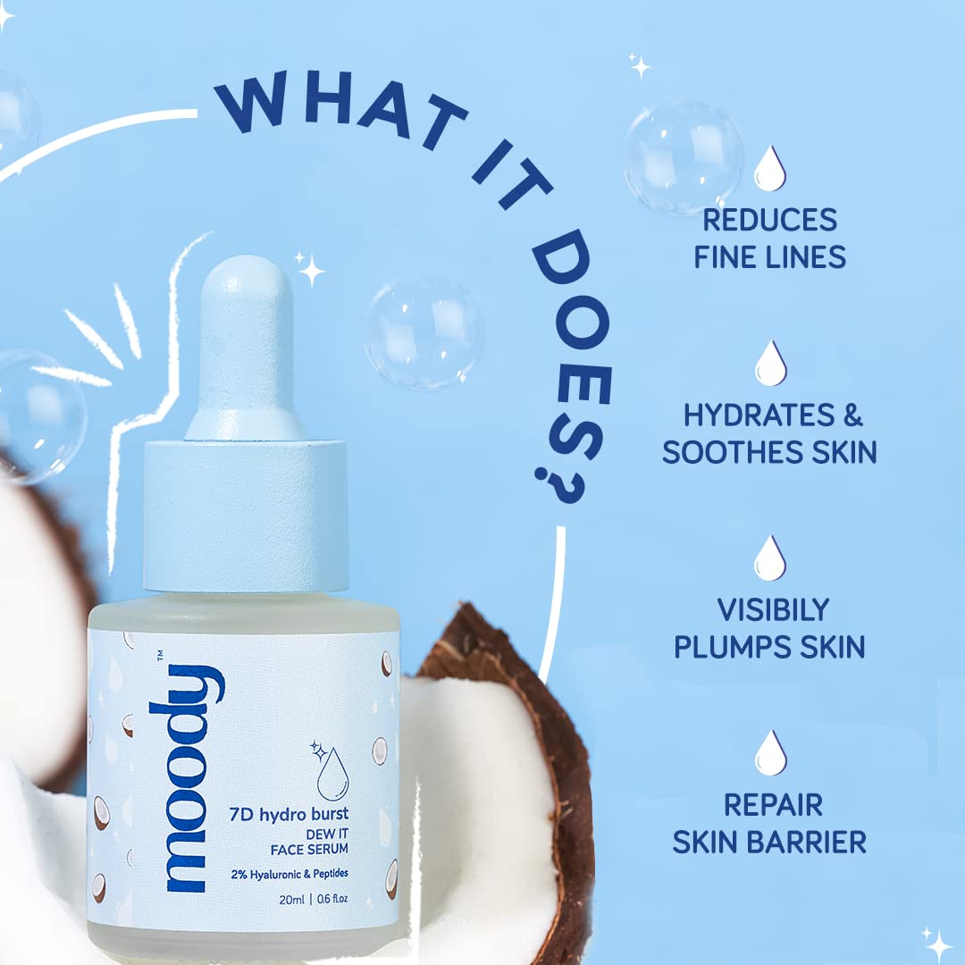 Moody 2% Hyaluronic Face Serum with Niacinamide Peptides For Dewy Hydrated & Plumped Skin With 7D Hydro Burst | Daily Hydrating Face Serum For Bouncy Skin | Paraben Free Serum for Men & Women | 20 ml