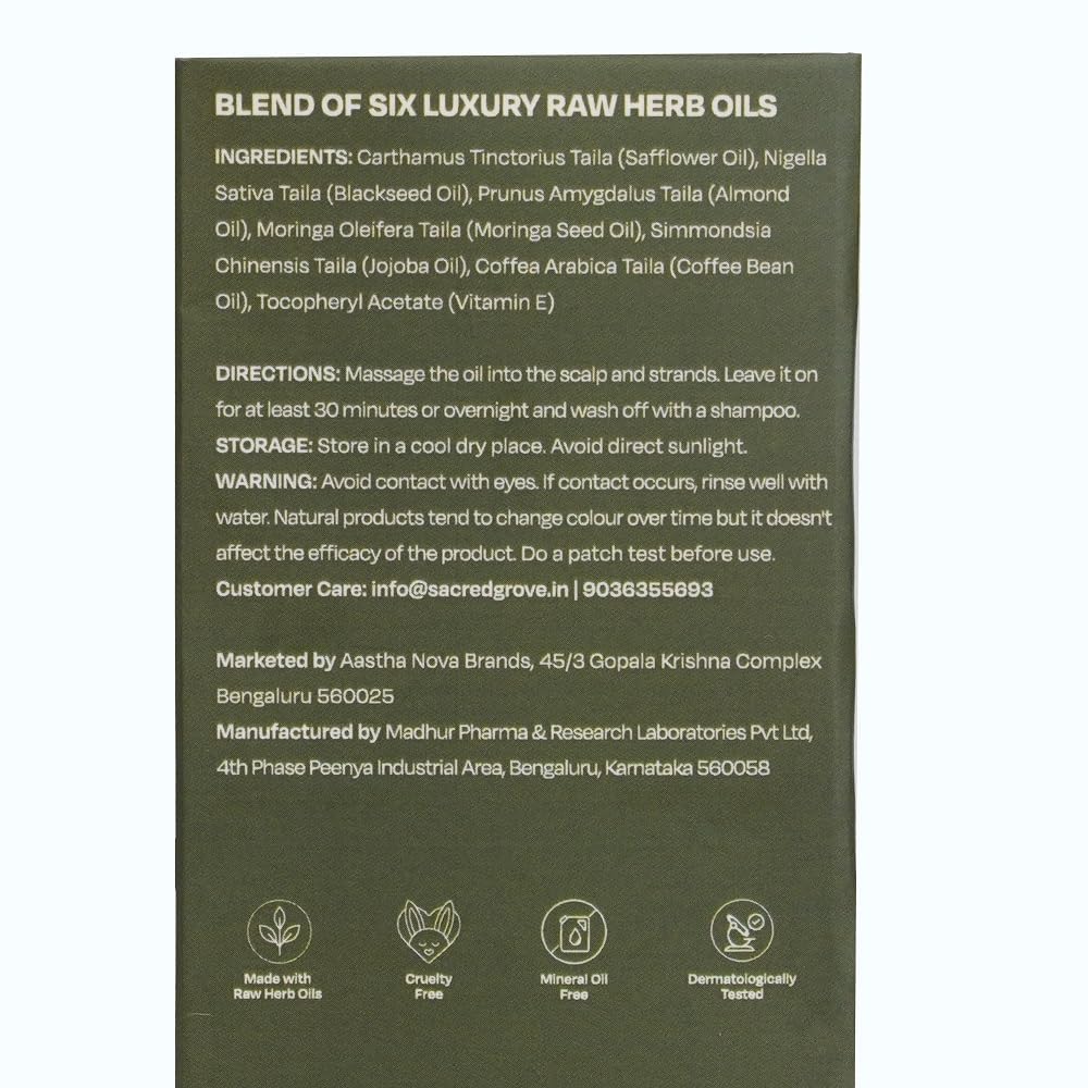 Sacred Grove Nourishing Oil | Improves Hair Texture & Prevents Split Ends | Coffee Bean, Blackseed & Safflower Oil | Made with 6 Potent Raw Herbs Oil | Makes Hair Strong, Shiny & Manageable | 100ml