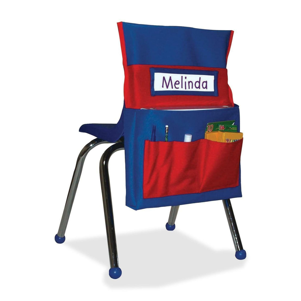 Carson Dellosa 15" W x 19" H Canvas Blue and Red Chairback Buddy Pocket Chart, Classroom Chair Organizer, Classroom Chair Storage with 6 Chair Pockets and One Student Name Tag, Seat Storage Organizer 1 pack Blue & Red