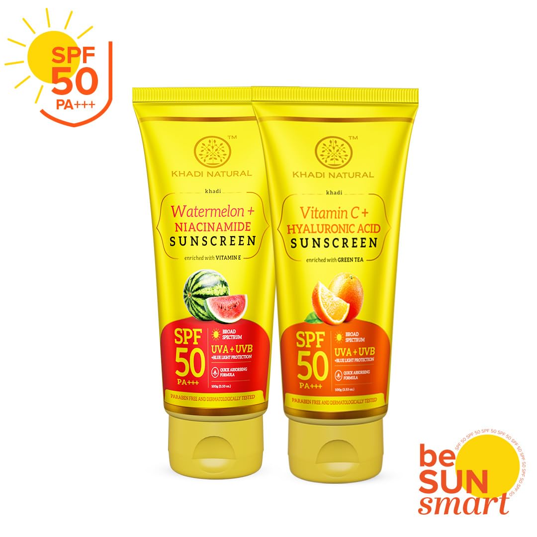 Khadi Natural Vitamin C + Hyaluronic Acid Sunscreen Aqua Gel Spf 50 Pa+++ & Watermelon & Niacinamide Sunscreen Aqua Gel Spf 50 Pa+++ Combo Pack For All Skin Types| (100Gm Each)