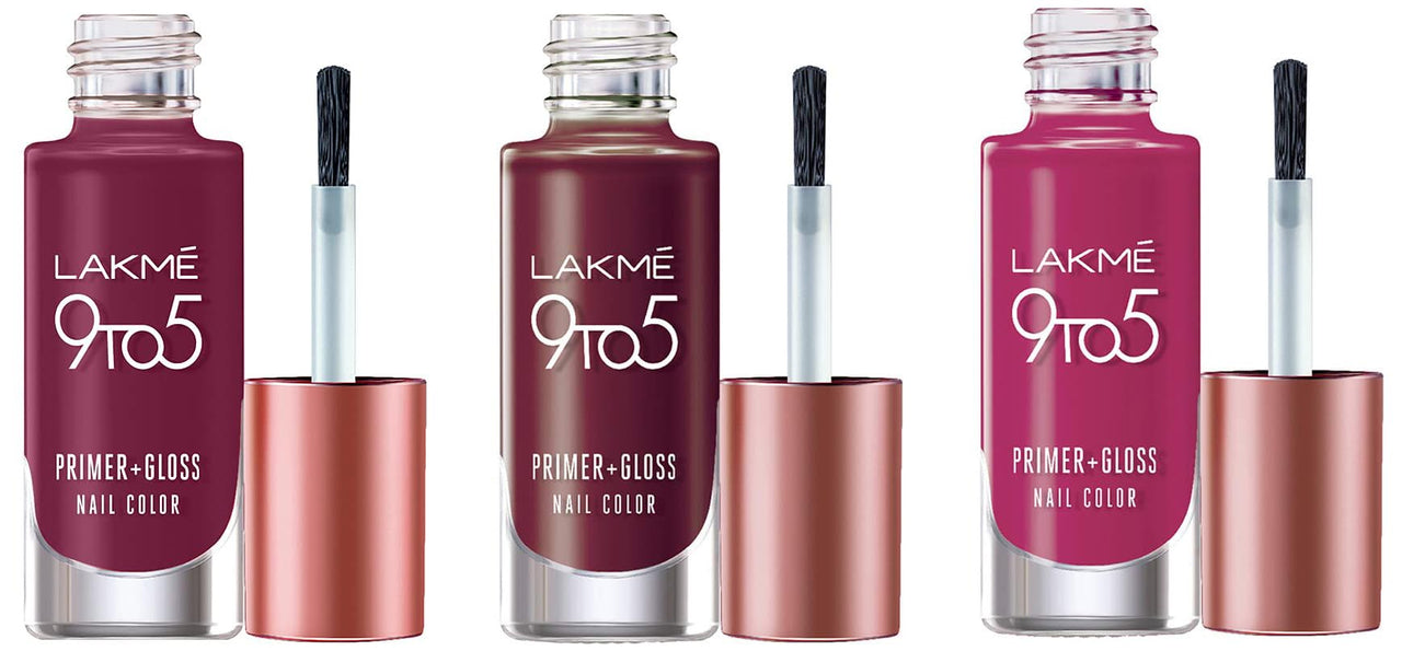 Lakmé 9 To 5 Primer + Glossy Finish Nail Colour, Mulberry Bush, 6 Ml
