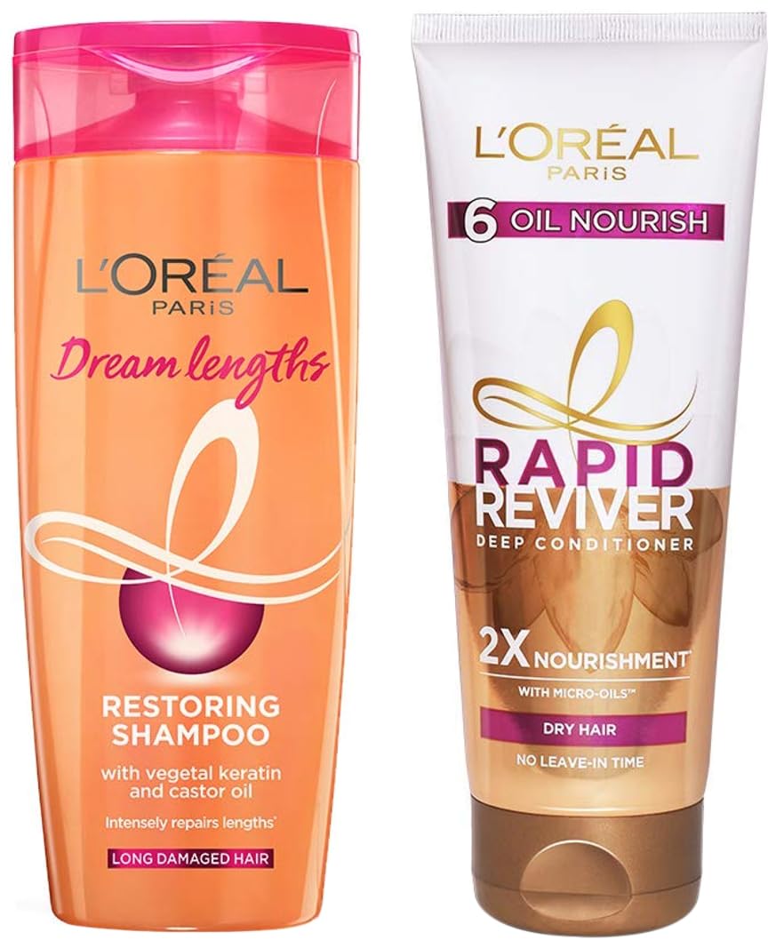 L'Oreal Paris Rapid Reviver 6 Oil Nourish Deep Conditioner, 180ml & L'Oréal Paris Shampoo, Nourishes, Repair & Shine, For Long and Lifeless Hair, Dream Lengths, 192.5ml