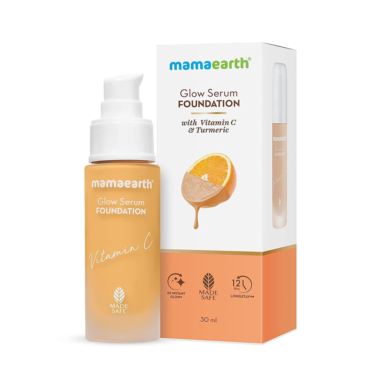 Mamaearth Glow Serum Matte Liquid Foundation Medium Coverage For All Skin Types With Vitamin C & Turmeric For 12-Hour Long Stay- 02 Crème Glow - 30 Ml, Pack Of 1