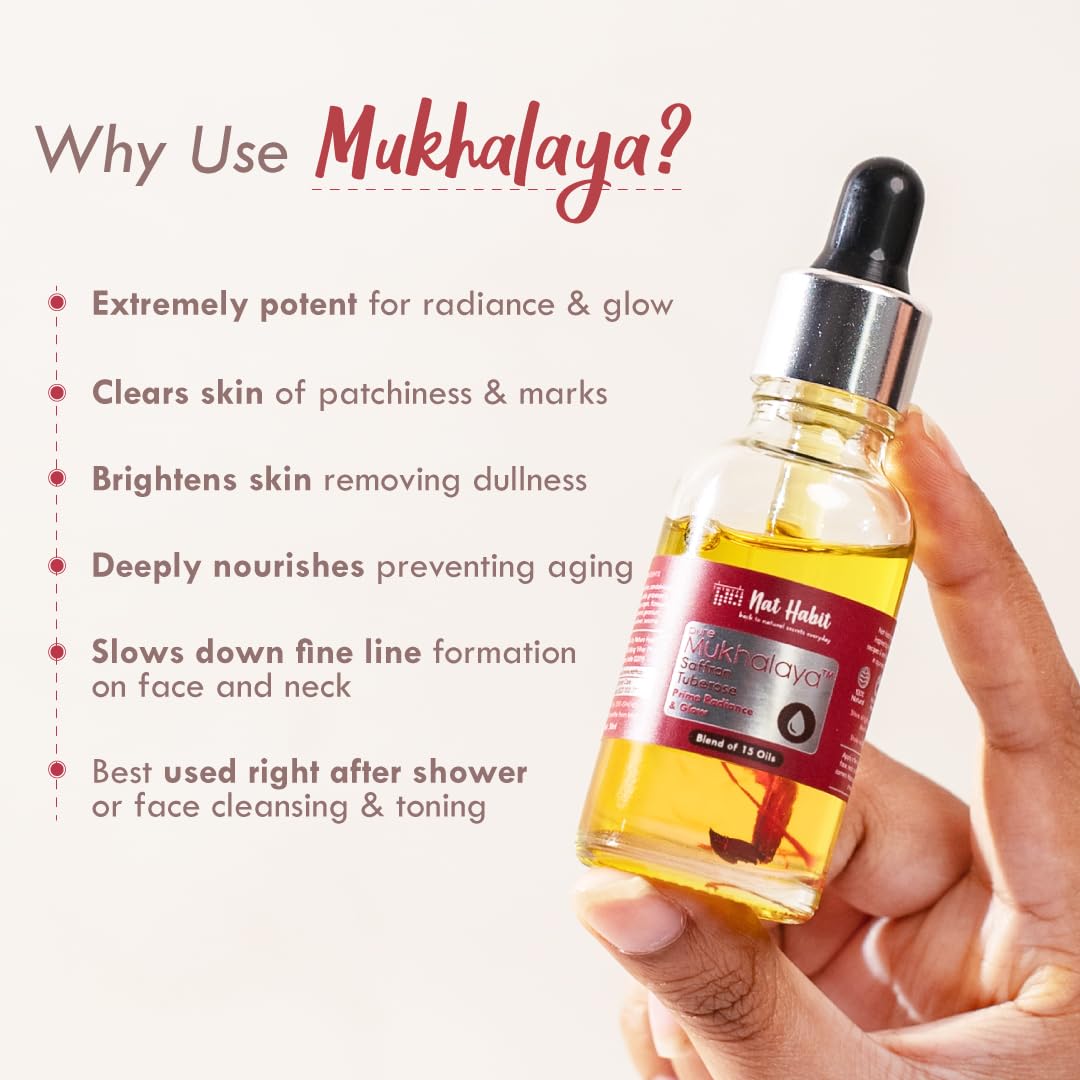 Nat Habit Saffron Tuberose Mukhalaya, Face Oil For Radiance & Glow, with Blend of 15 Cold Pressed Oils To Brighten Skin & Remove Dullness,No Mineral Oil or Chemical (30ml)