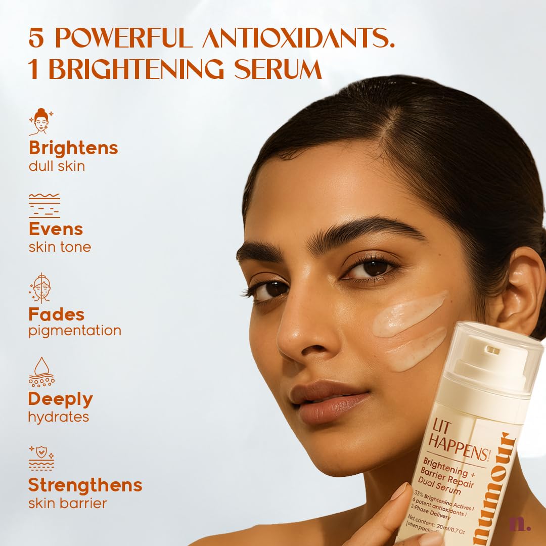Numour Lit Happens Dual Brightening Serum 20ml| 33% Actives 15% Vitamin C+10% Niacinamide+ 2% TXA |Fades Dark Spots & Brightens|Dermat Tested, Sensitive Skin Safe| Face Serum For Men & Women