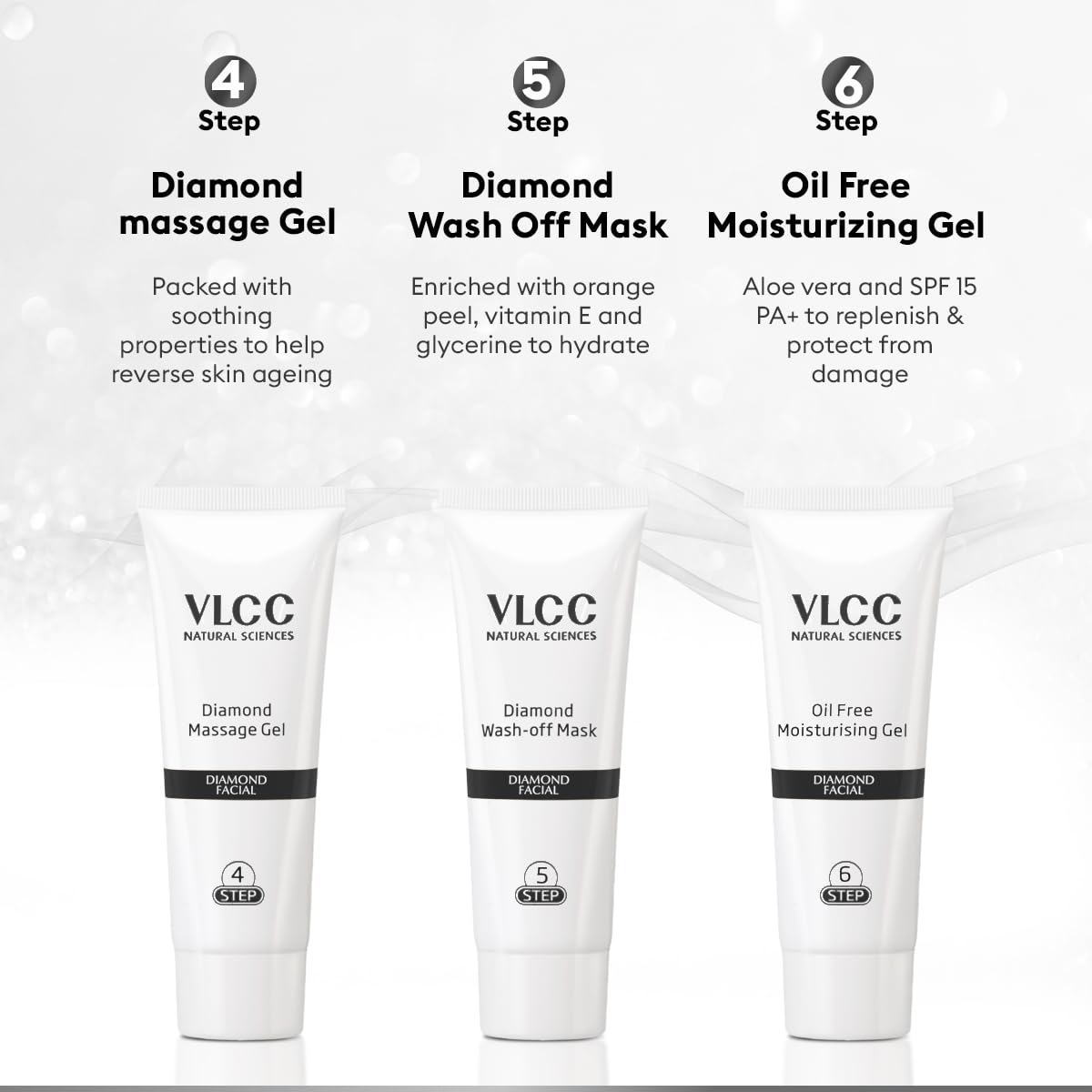 VLCC Diamond Facial Kit - 60g | Skin purifying with Parlour Glow | Improves Elasticity, Brightens and Lightens Patchy Damaged Skin | With Colloidal Diamond, Jojoba Oil, Olive Oil & Aloe Vera.