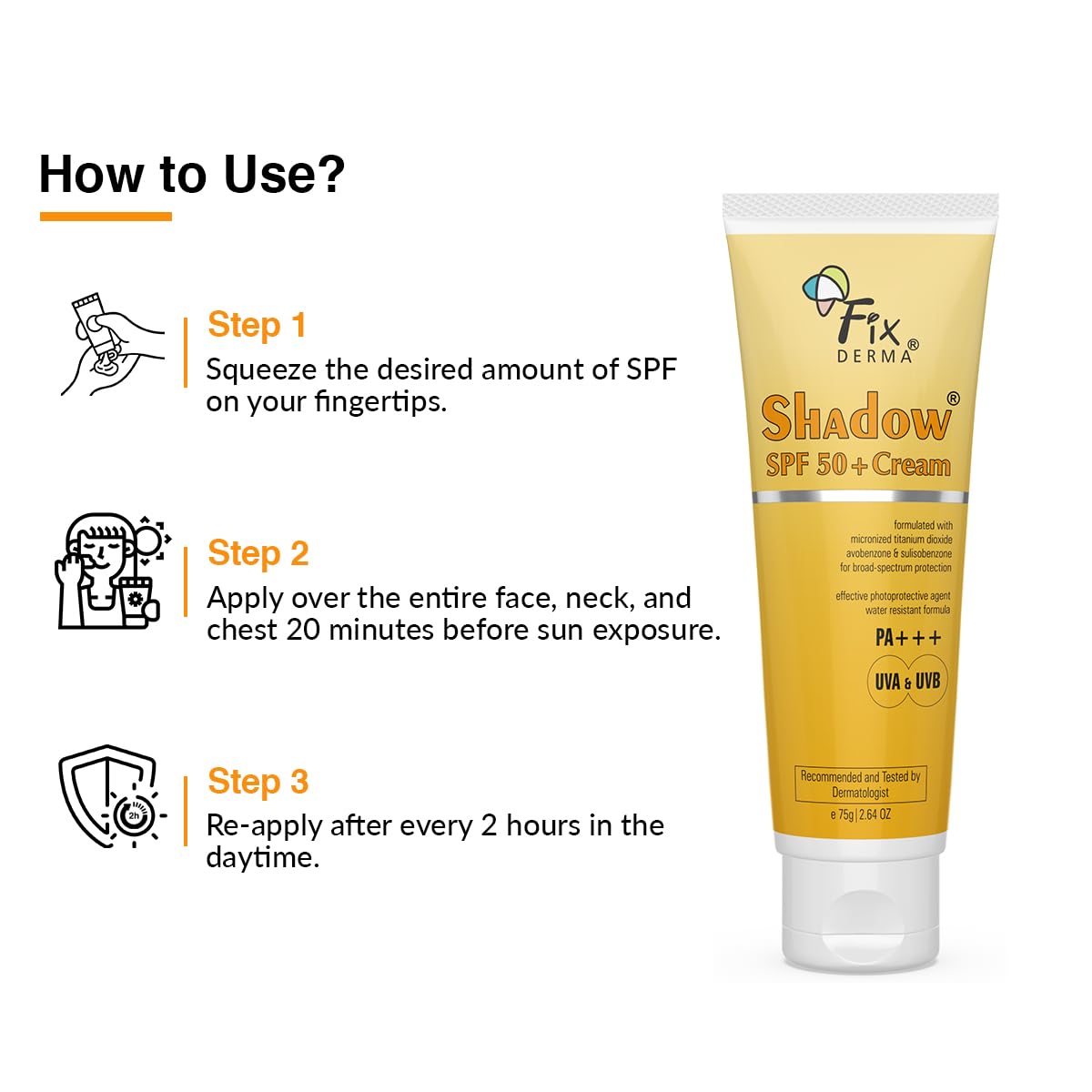 Fixderma Shadow Sunscreen SPF 50+ Cream PA+++ Dry Skin For Body & Face Broad Spectrum Sunscreen For UVA & UVB Protection Non Greasy & Water Resistant-75gm (Pack Of 1)