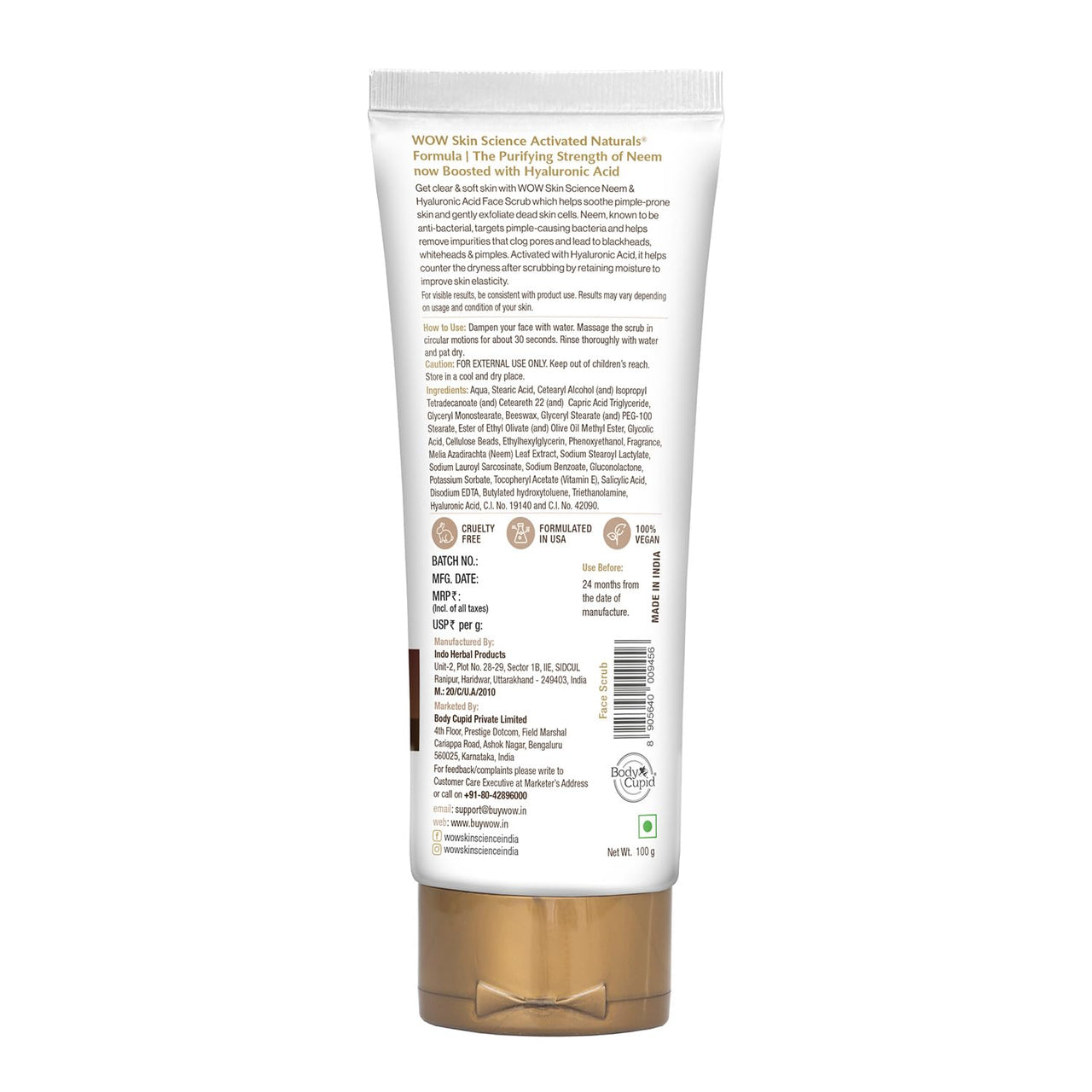 WOW Skin Science Neem & Hyaluronic Acid Pimple Care Face Scrub | Anti-Bacterial | Unclogs Pores | Removes Impurities | Improves Skin Elasticity | Hydrates Skin | 100gms