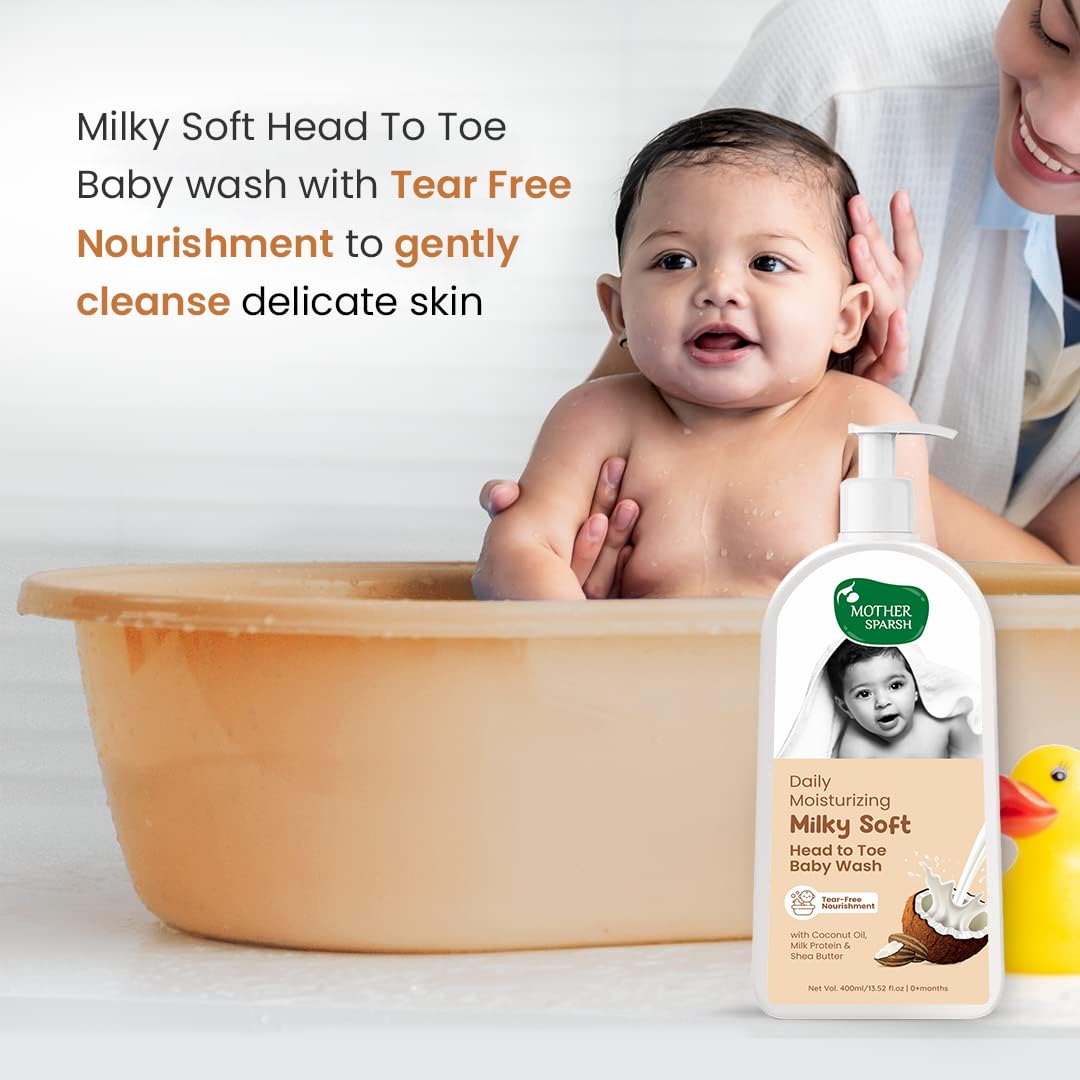 Mother Sparsh Milky Soft Head to Toe Baby Wash & Baby Shampoo-400ml with Milk Protein & Shea Butter |Ph balanced & Paraben free 2 in 1 Natural Baby Body Wash