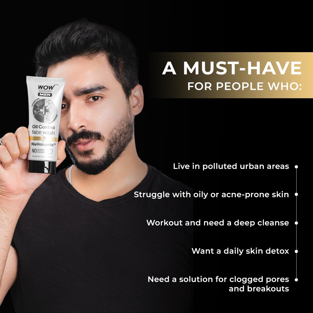 WOW Skin Science MEN CHARCOAL + NIACINAMIDE Oil-Control Face Wash | Absorbs Excess Oil & Deep Cleanses | NiaVolcanite™ Technology | No Sulphates, Parabens, or Silicones | 100ml