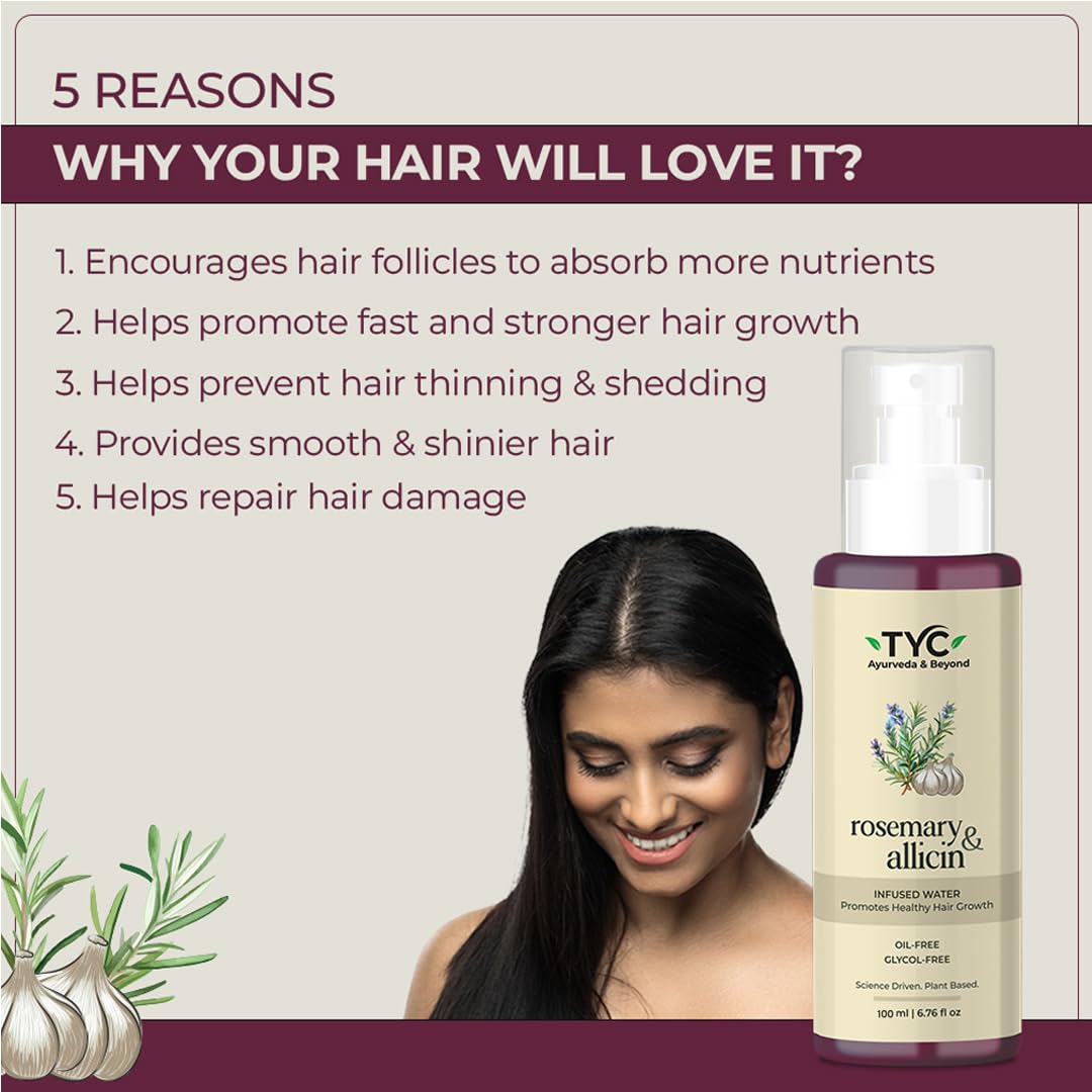 TYC - Trust Your Choice Rosemary and Allicin Water Hair Spray, Botanical Hair Mist for Hair Fall Control, Hair Growth and Scalp Health, Natural Anti-Hair Loss Treatment, 100 ml (Pack of 1)