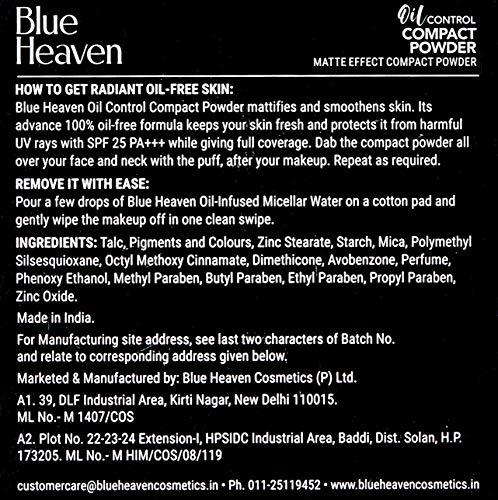 Blue Heaven Oil Control Compact Powder for All Skin types, SPF 25, Matte Finish, Honey 301, 8 gm