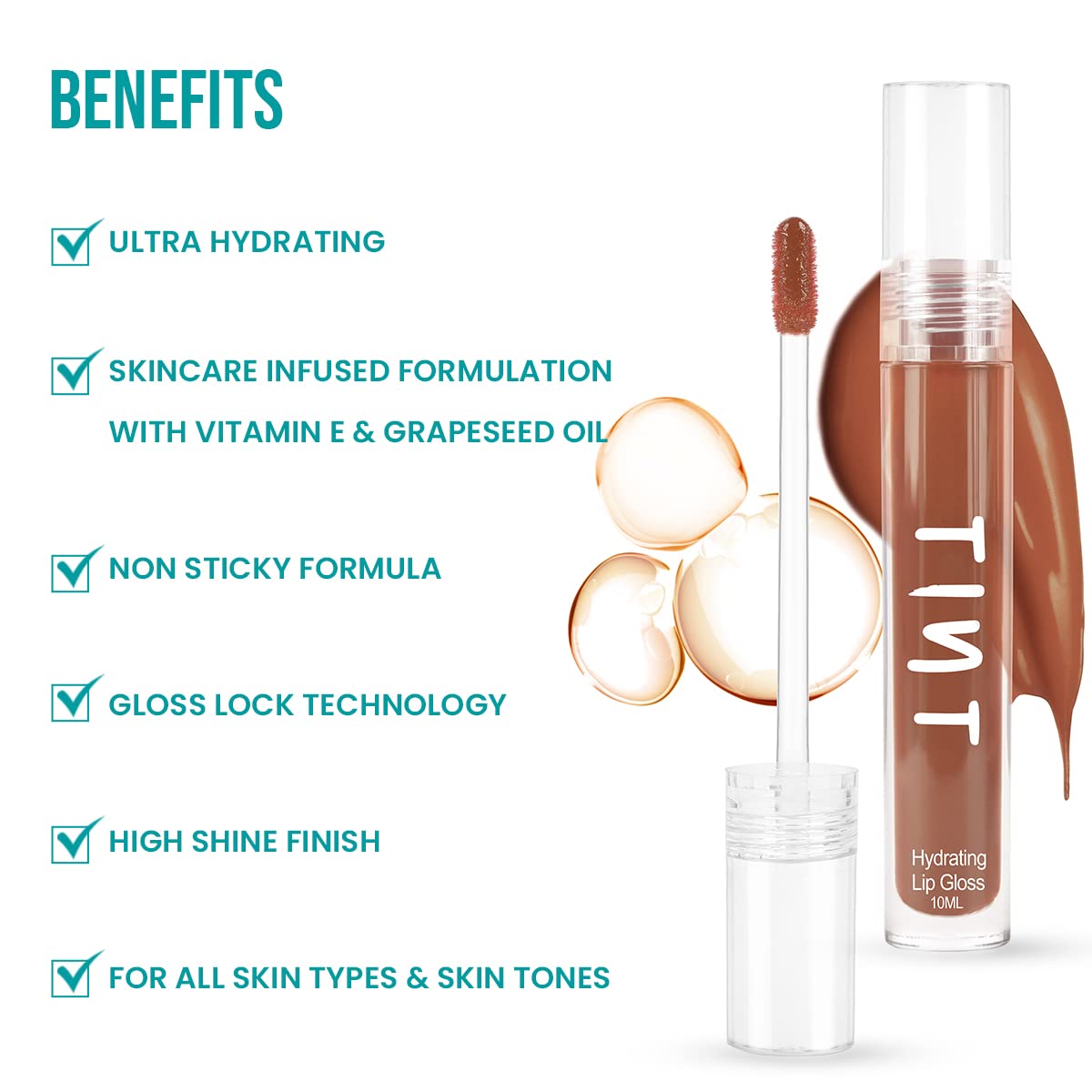 Tint Cosmetics Red Lip Gloss for Women | Hydrating & High Shine | Lightweight & Non-Sticky with Vitamin-E & Grapeseed Oil | Gloss Lock Technology | All Skin Types | 10Ml (Brick Red) | FDA Approved