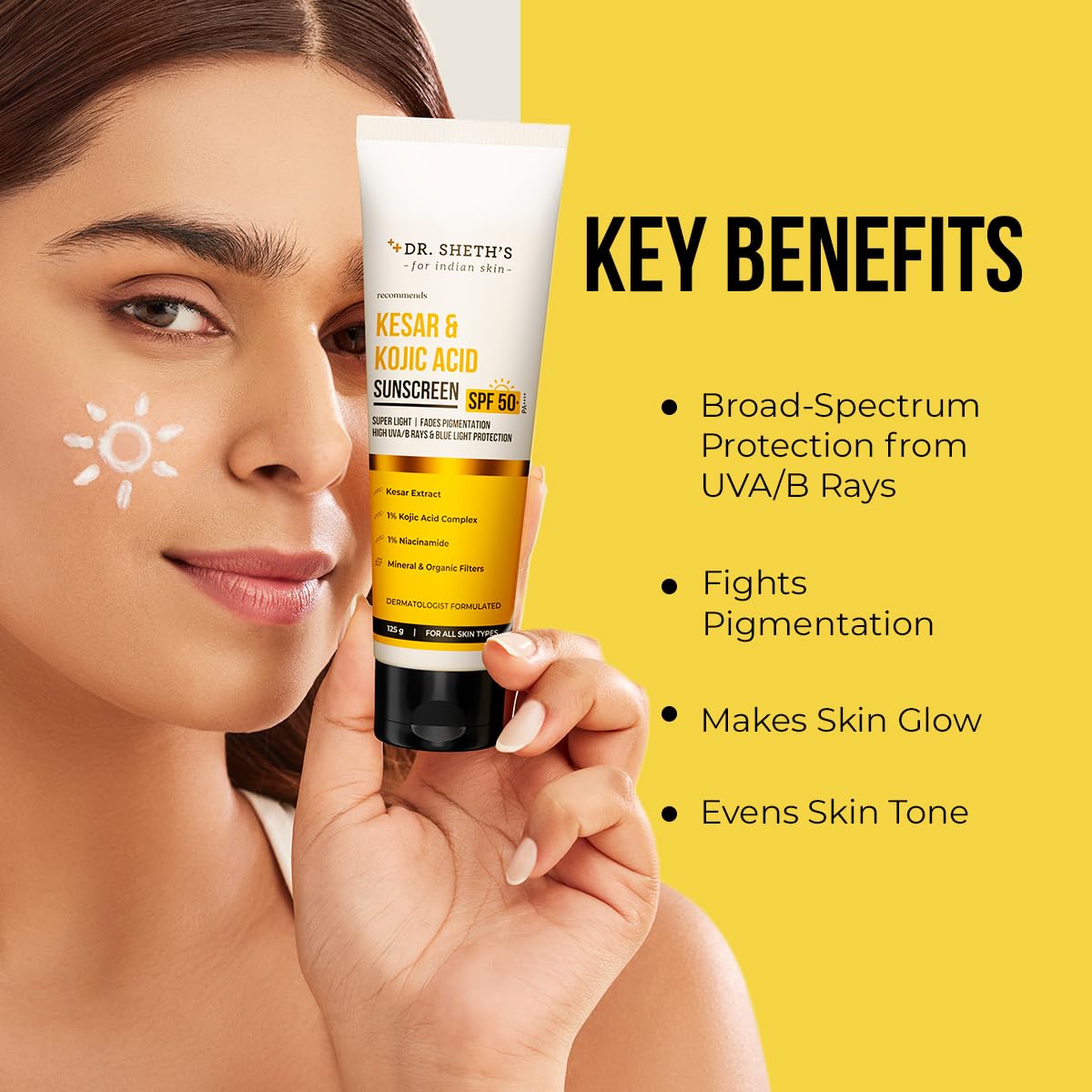 Dr. Sheth's Kesar & Kojic Acid Sunscreen with SPF 50 Pa++++ | For Pigtation-Free Skin | No White Cast & Light Weight | For Daily Moisturization | For All Skin Types | 125 g