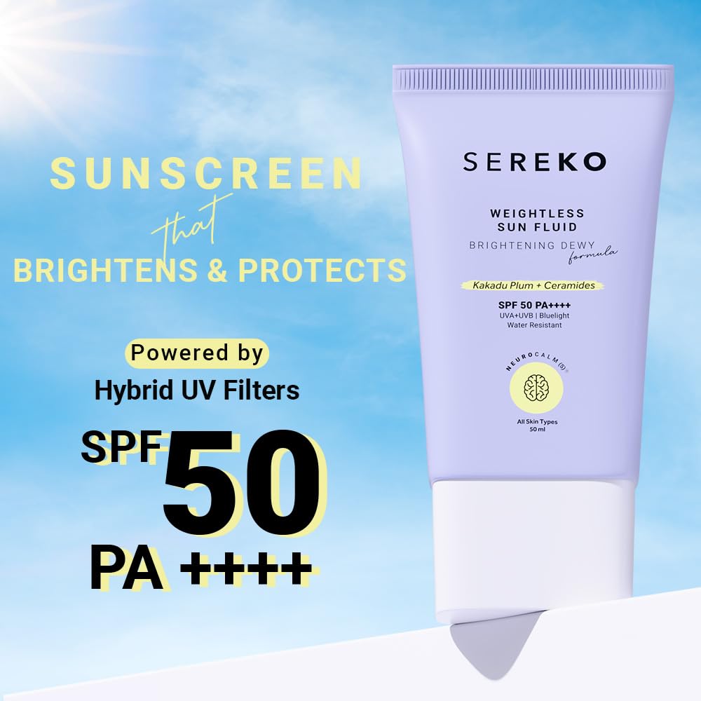 SEREKO Weightless Sun Fluid Sunscreen SPF50 PA++++, with Kakadu Plum & Ceramides powered by Hybrid UV Filters | Lightweight Matte | Water Resistant, No white Cast | All Skin Types 50ml