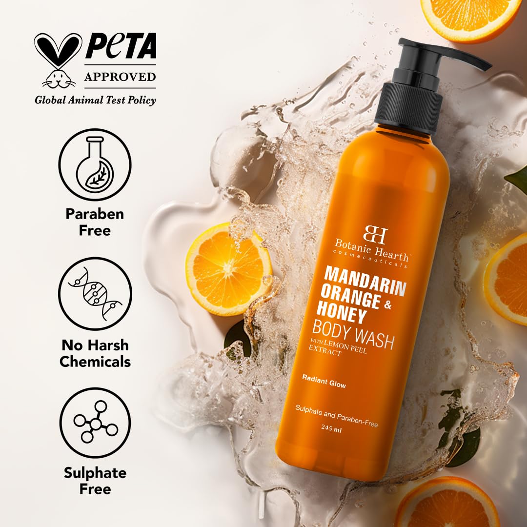 Botanic Hearth Mandarin Orange & Honey Body Wash with Lemon Peel Extract for a Radiant Glow | Sulphate & Paraben Free | Suitable for All Skin Types | Shower Gel for Men and Women| 245ml