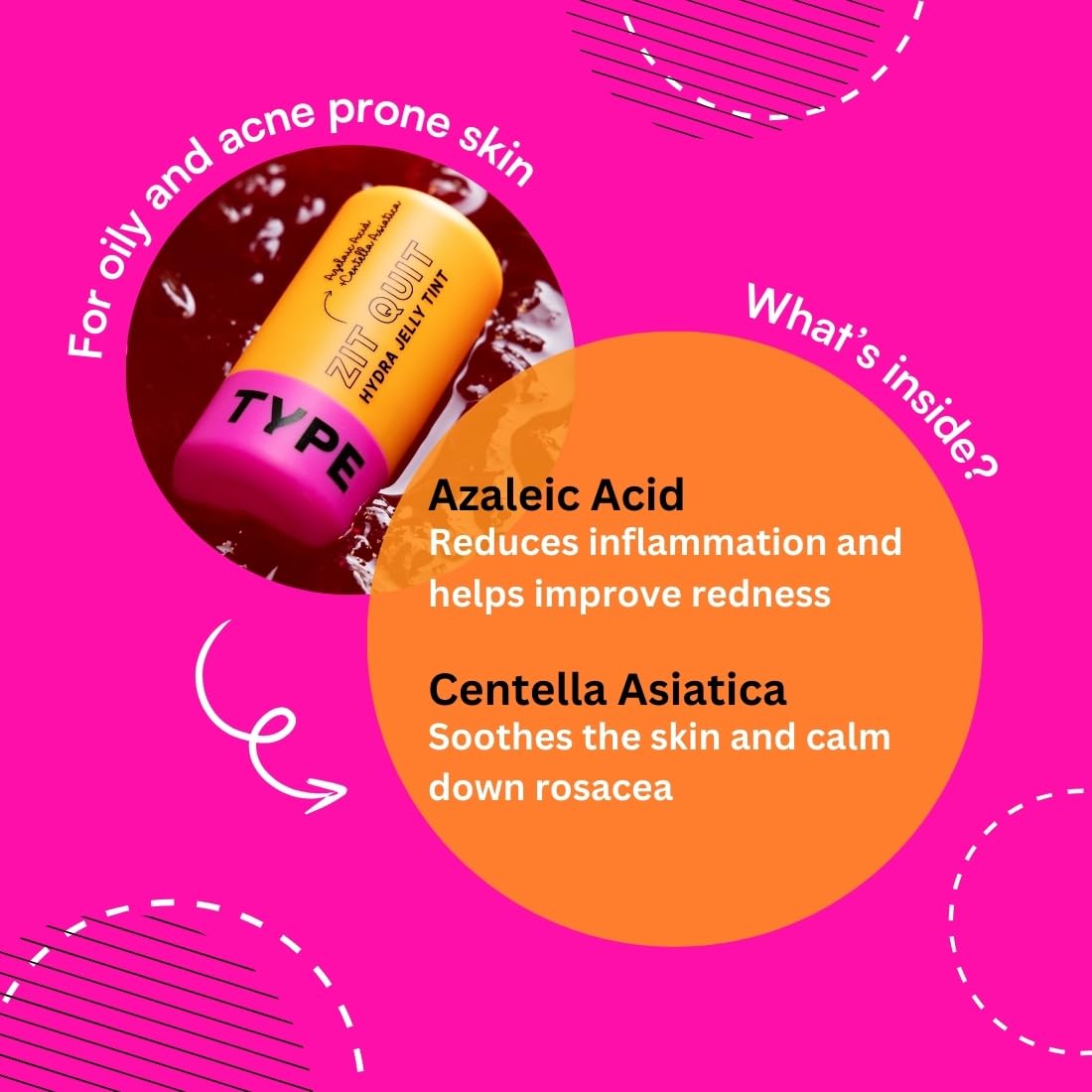 Type Beauty Zit Quit Hydra Jelly Tints For Cheeks, Lips and Eyes, Lip Stain with Azelaic Acid for Acne, Long Lasting Smudge-proof Lip Tint for Women - Diamond Dust 88