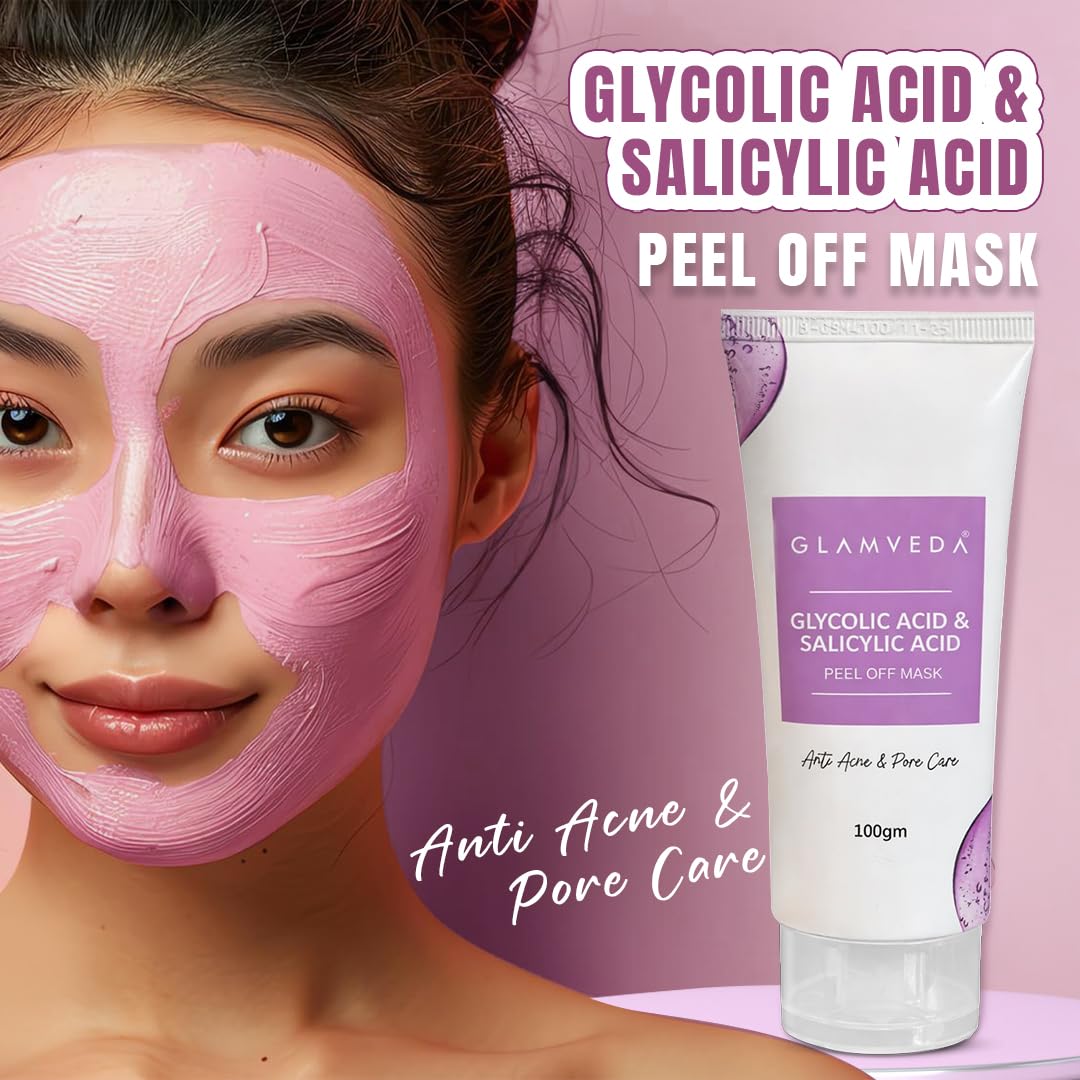 Glamveda 0.05% ww Glycolic Acid & 0.05% ww Salicylic Acid Anti Acne Peel off mask | For Oily & Acne Prone Skin | Oil balancing, Deep Cleansing | Blackhead & Pore care | 100gm