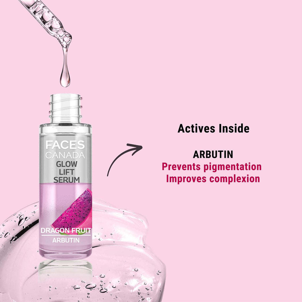 FACES CANADA Glow Lift Serum, 27 ml | Dragon Fruit & Arbutin | Biphasic Face Serum | Restores Glow & Hydrates For Spotless, Radiant & Plump Skin | Helps Reduce Dark Spots & Pigmentation | 2% Salicylic Acid (w/w)