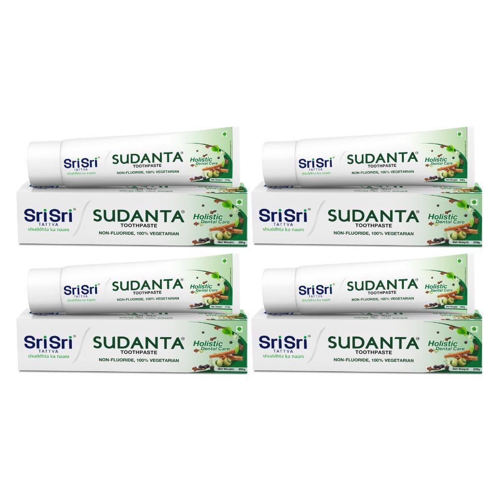 Sri Sri TATTVA shuddhta ka naam Sudanta Ayurvedic Herbal Toothpaste-All Natural,Fluoride Free Tooth Paste With Cloves,Cinnamon,Bakul & More-200G (Pack Of 4),For Kids & Adults | Fresh Breath