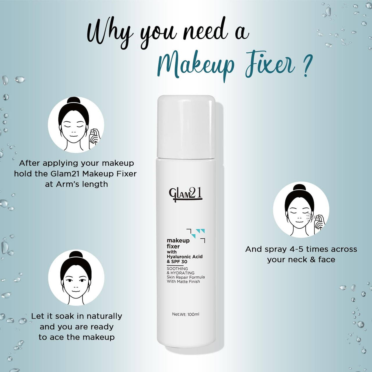 Glam21 Make-up Fixer Spray - Keeps Makeup Intact with a Sparkly Texture | Lightweight & Long-lasting with Hyaluronic Acid & SPF 30 | Flawless Look | Dermatologically Tested