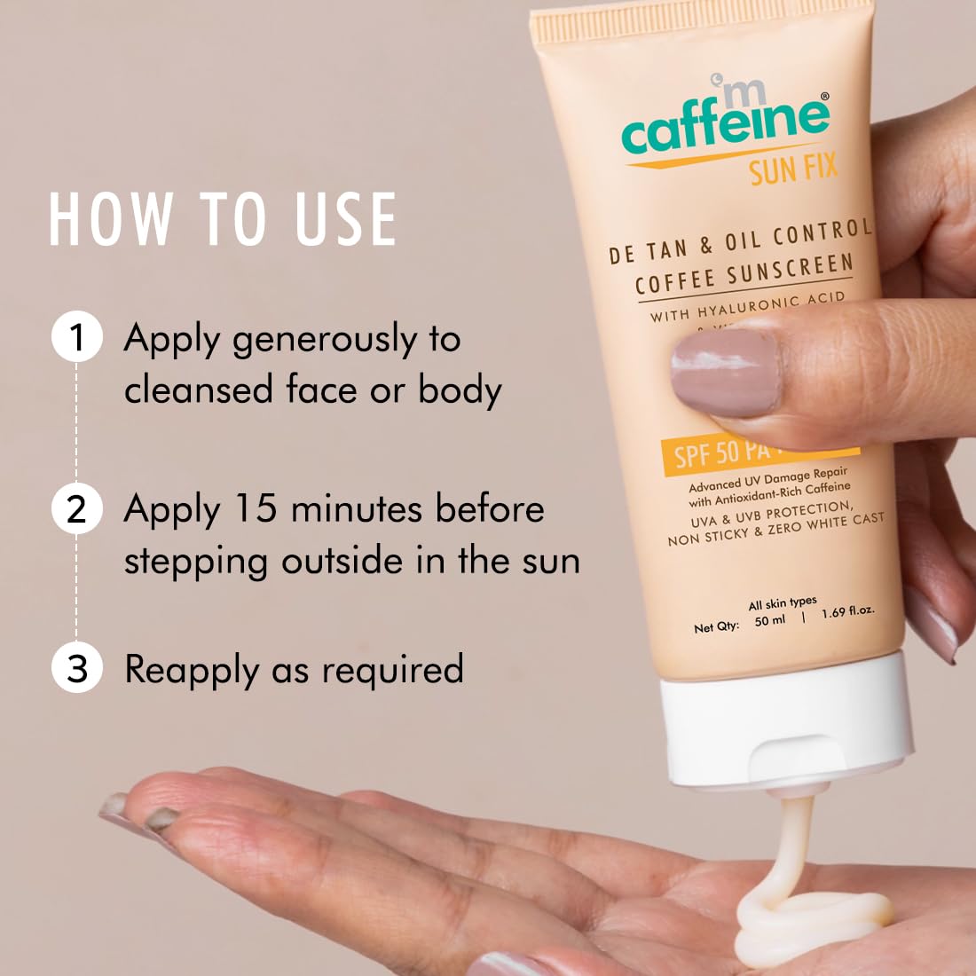 mCaffeine Matte Sunscreen SPF 50 for Men & Women | Lightweight, Water Resistant, Zero White Cast | Sun Protect, Prevents Tan & Repairs UV Damage | All Skin Type - 50ml