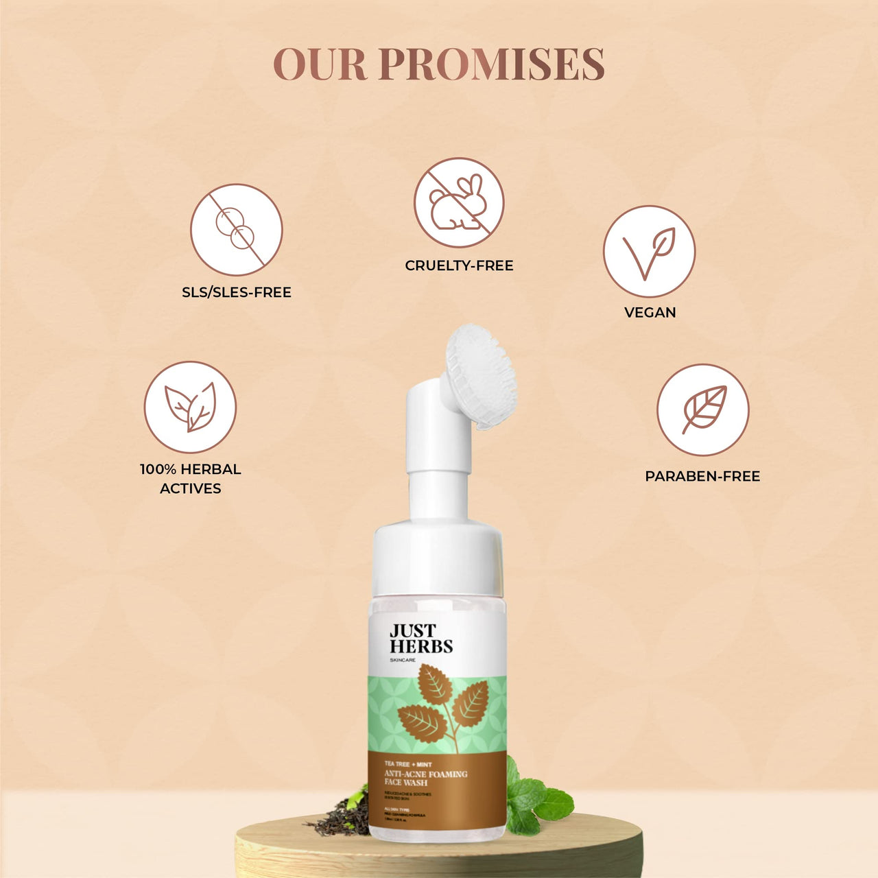 Just Herbs Anti Acne Foaming Face Wash Men Women With Tea Tree and Mint for Oil Control, Glowing Skin Brush - 100ml