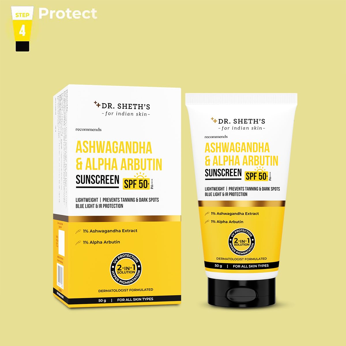 Dr. Sheth's Ashwagandha & Alpha Arbutin Sunscreen SPF 50+ PA++++ | 2 in 1 Solution for Hyper Pigmentation and UV Protection | Anti Tan & Dark Spots | 50g For All Skin Type