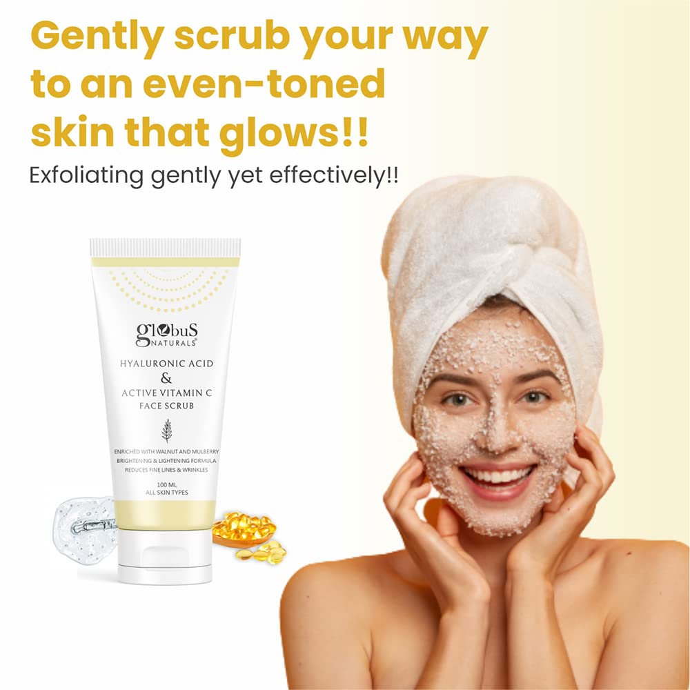 Globus Naturals Hyaluronic Acid & Vitamin C Anti Ageing Face Scrub, Enriched with Rose & Glycerine, Skin Lightening & Brightening Formula, 100 gm
